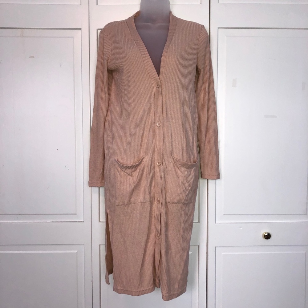 Dusty Pink Long Cardigan Sweater Duster Ribbed - Picture 5 of 10